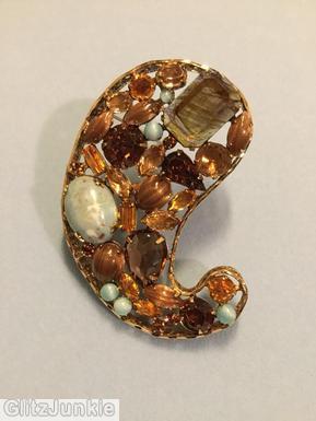 Schreiner paisley shadow box pin 3 large baguette moonglow aqua amber gold fluss brown marbled smoke jewelry