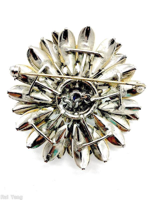 Schreiner petal stone ruffle 12 surrounding small stone group of 3 petal stone large bubble center white petal stone topaz small stone marbled blue bubbl silvertone jewelry