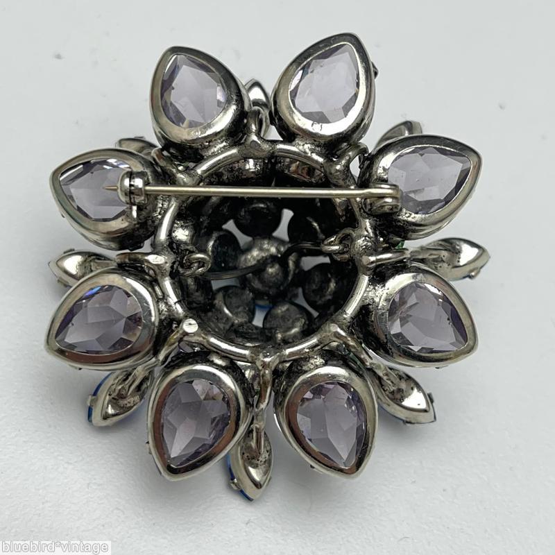 Schreiner radial 8 large teardrop with large clustered center ball of inverted stone 8 single navette little branch ball with 3 level pale lavender clear faceted large teardrop royal blue faceted navette apple green inverted silvertone jewelry