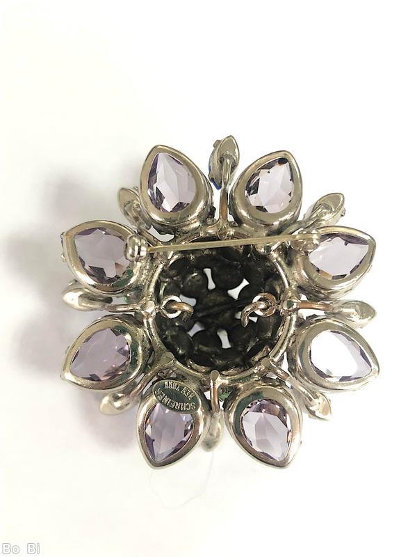 Schreiner radial 8 large teardrop with large clustered center ball of inverted stone 8 single navette little branch ball with 3 level pale lavender clear faceted large teardrop royal blue faceted navette apple green inverted silvertone jewelry