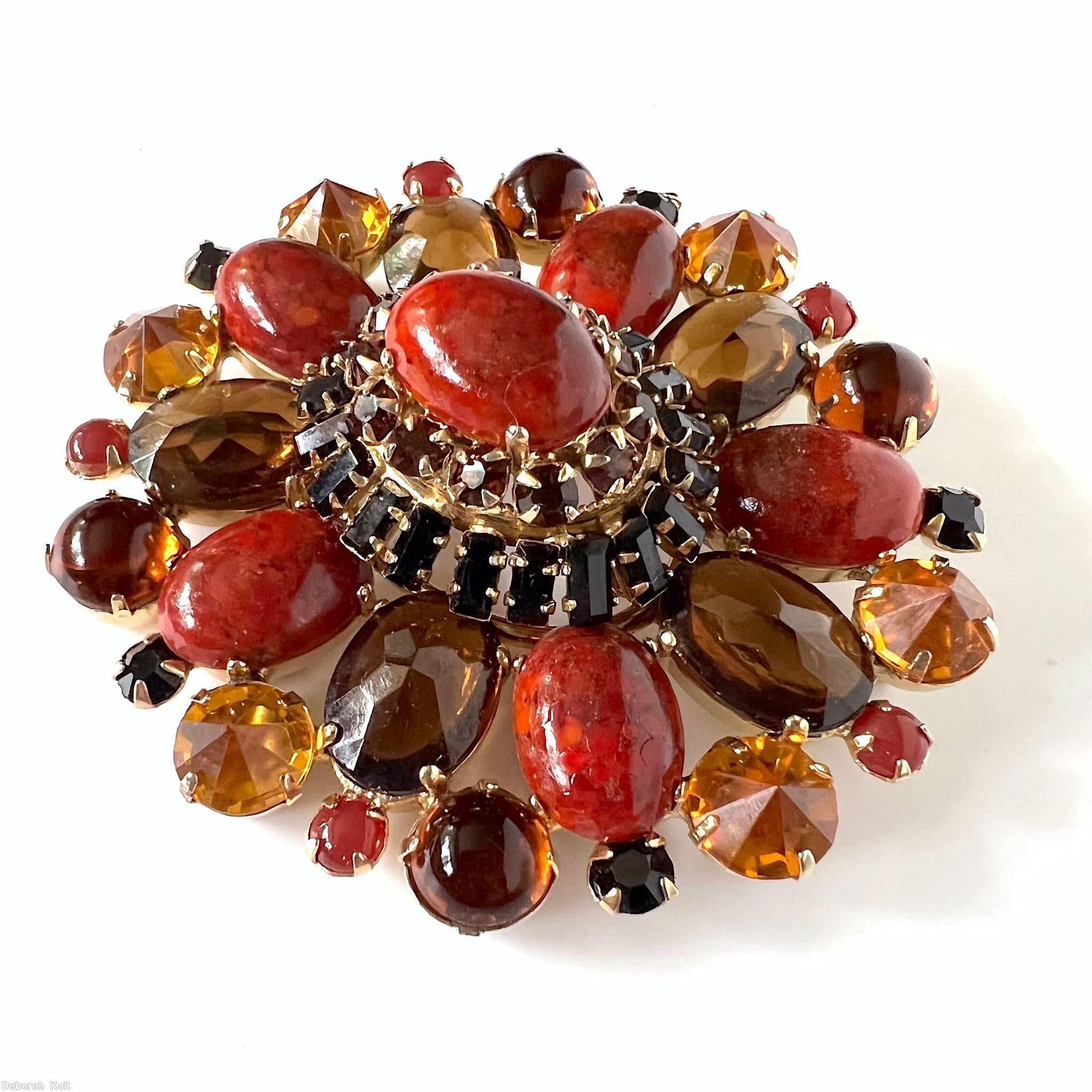 Schreiner radial domed oval pin 10 oval cab hook eye oval center 5 rounds 10 chaton carnelian jet amber brown jewelry