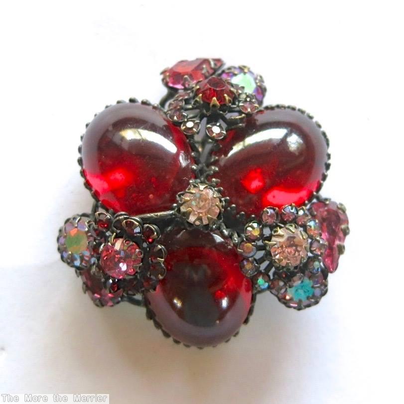 Schreiner radial triangle pin 3 large oval cab 3 clustered flower ruby ab pink jewelry