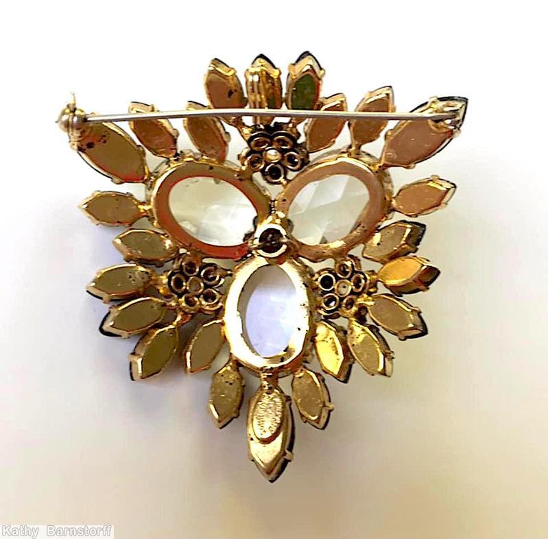 Schreiner radial triangle pin 3 large oval cab 4 clustered flower bordered rose cut crystal large oval stone gold speckled jet navette goldtone jewelry