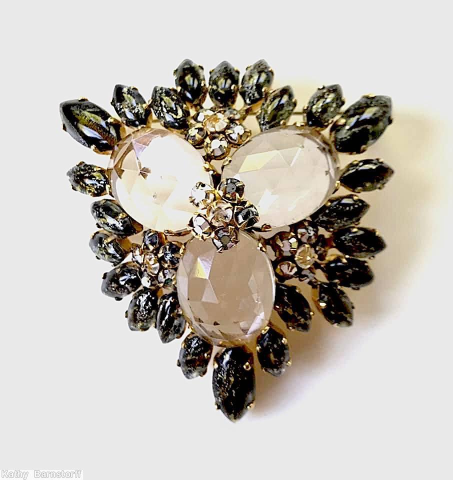 Schreiner radial triangle pin 3 large oval cab 4 clustered flower bordered rose cut crystal large oval stone gold speckled jet navette goldtone jewelry