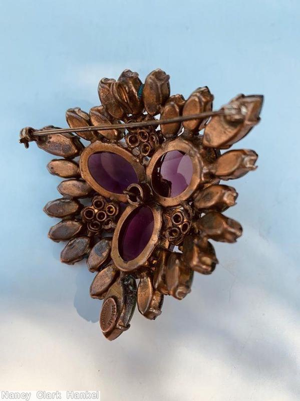 Schreiner radial triangle pin 3 large oval cab 4 clustered flower bordered rose cut purple large cab clear green jewelry