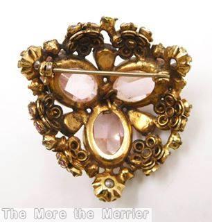 Schreiner radial triangle pin 3 large oval cab bordered pink faceted faux pearl peridot ab jewelry