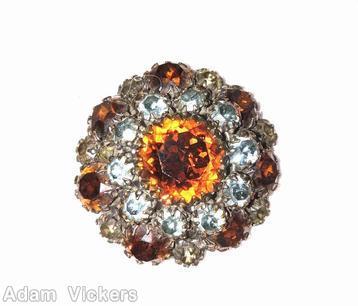 Schreiner round domed pin large round cab center 10 surrounding small chaton 7 large chaton large faceted topaz round chaton center crystal faceted surrounding chaton large topaz chaton silvertone jewelry