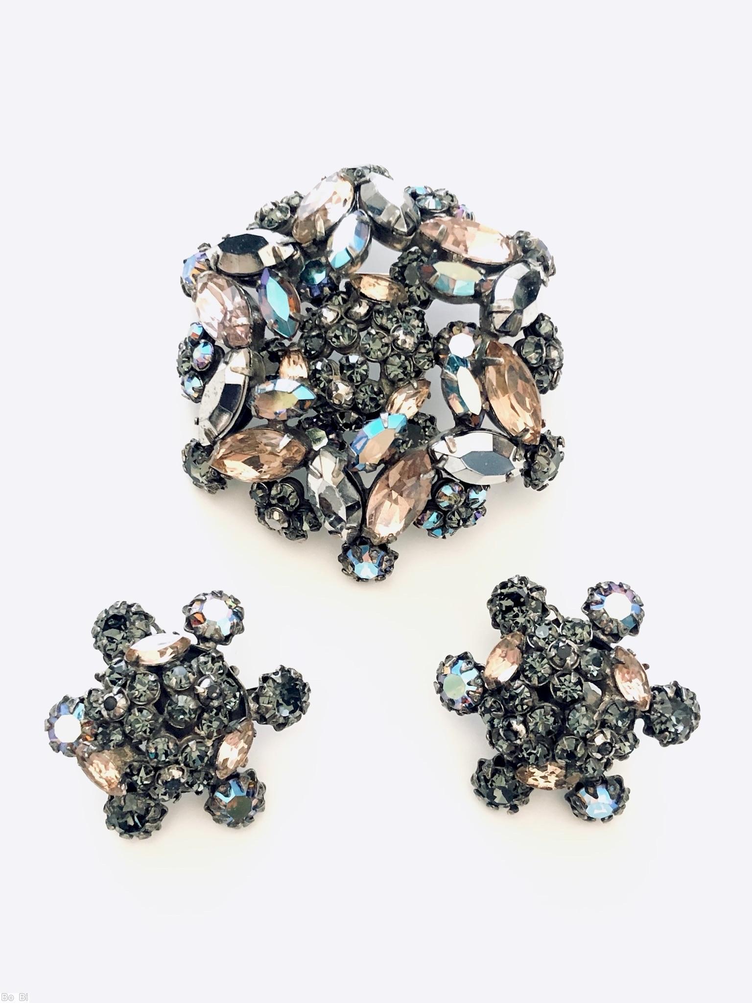 Schreiner round domed redial concave pin clustered ball center 12 large navette side 6 flower head large navette topaz smoky small chaton silver metalic faceted large navette silvertone jewelry