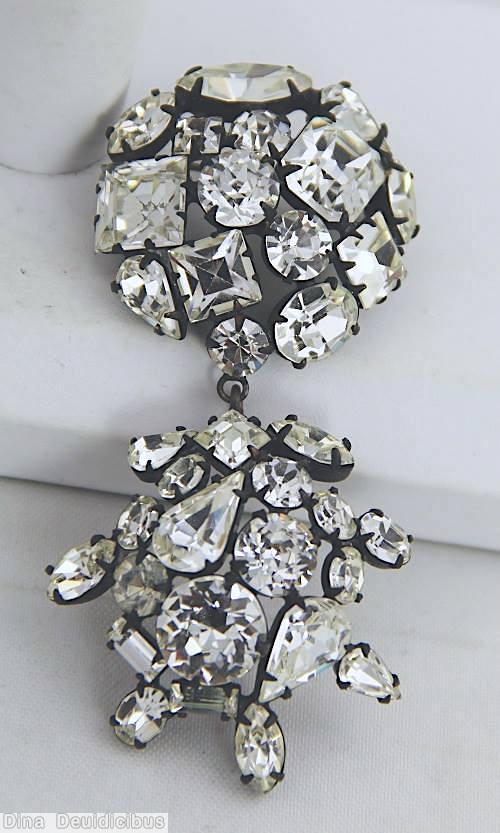 Schreiner round domed top down round radial dangle pin 2 parts crystal japanned jewelry