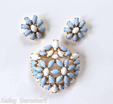 Schreiner shield shaped all navette domed pin opaque pale blue milkwhite goldtone jewelry