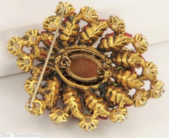 Schreiner shield shaped radial domed pin large oval center hook eye 4 rounds large navette marbled carnelian peridot coral inverted champagne jewelry