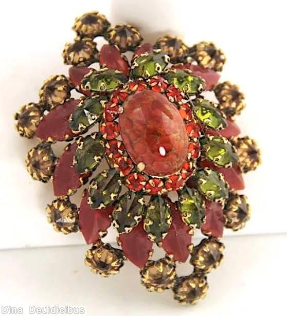 Schreiner shield shaped radial domed pin large oval center hook eye 4 rounds large navette marbled carnelian peridot coral inverted champagne jewelry