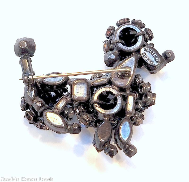 Schreiner sitting poodle pin ab crystal ruby small square stone metalic brown navette topaz chaton jewelry