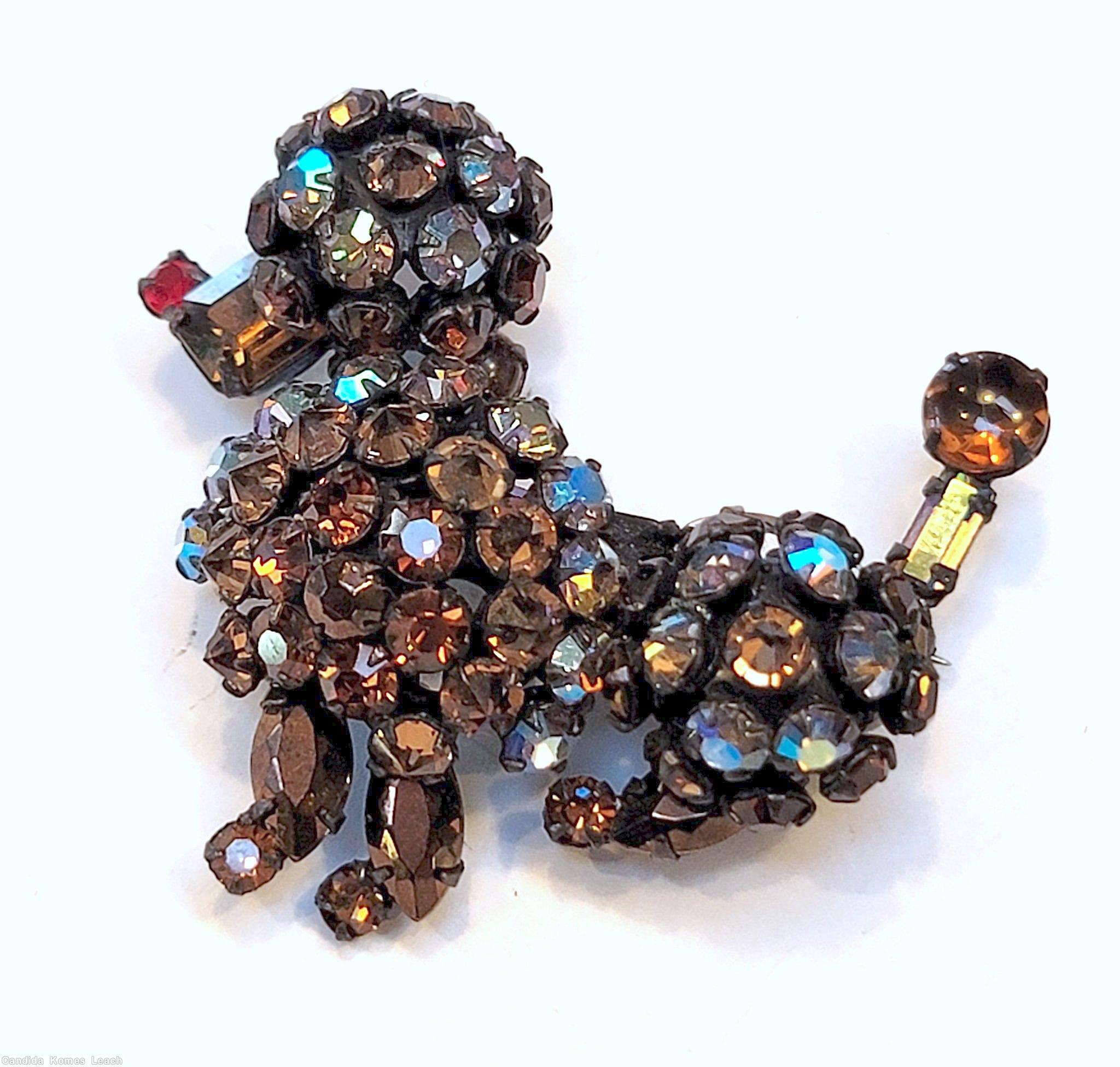 Schreiner sitting poodle pin ab crystal ruby small square stone metalic brown navette topaz chaton jewelry