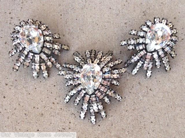 Schreiner small spoke spider radial 2 level pin varied length baguette branch large teardrop center crystal japanned jewelry