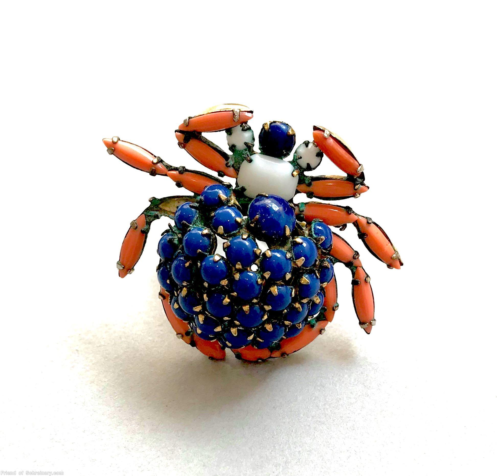 Schreiner spider domed round clustered body 6 navette leg coral navette leg white lapis blue chaton body goldtone jewelry