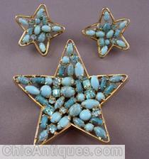 Schreiner star shaped shadow box pin turquoise baby blue ice blue goldtone jewelry