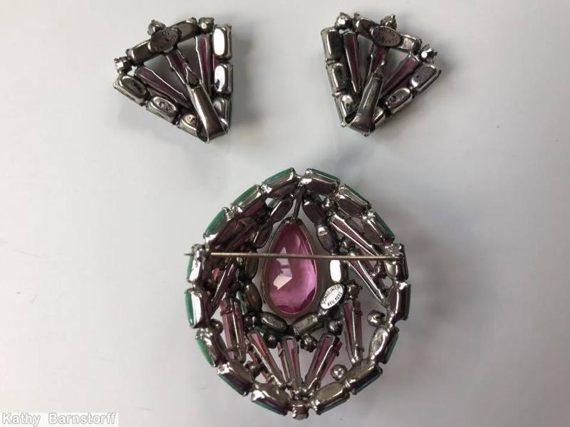 Schreiner swirled 9 keystone high domed oval pin 3 rounds large teardrop center slim rectangle cab bordered clear pink large faceted teardrop jade cab faux pearl raspberry keystone silvertone jewelry