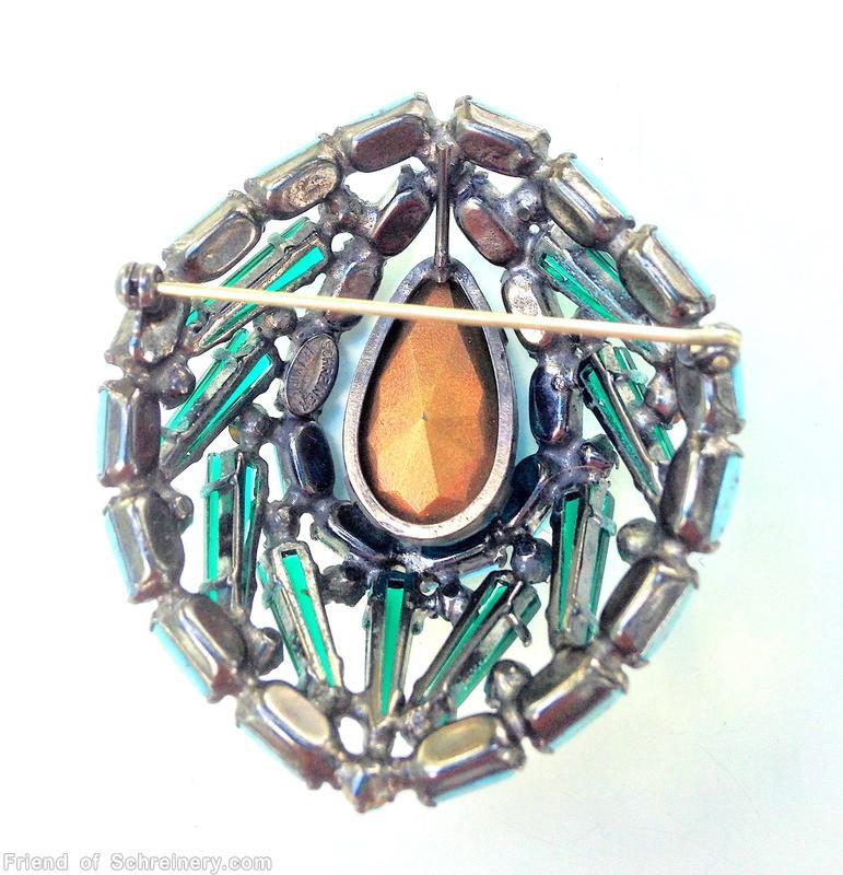 Schreiner swirled 9 keystone high domed oval pin 3 rounds large teardrop center slim rectangle cab bordered turquoise baguette emerald keystone large ice blue faceted teardrop silvertone jewelry