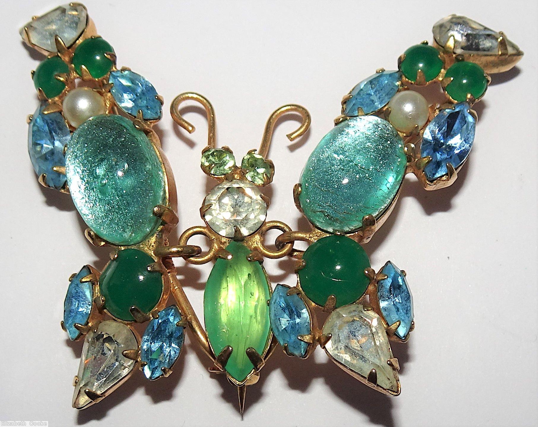 Schreiner trembling wing chained to body butterfly emerald chaton faux pearl seeds crystal teardrop blue ice blue goldtone jewelry