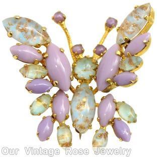 Schreiner trembling wing small butterfly opaque lavender blue venetian goldtone jewelry