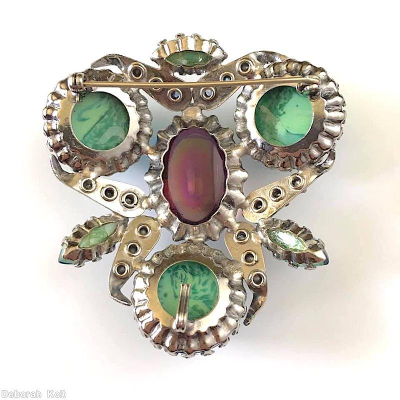 Schreiner triangle radial pin 3 large round cab 6 leaf shaped metal with varied size chaton embedded large oval cab center 3 navette marbled aqua round large cab ab pink large oval center crystal chaton silvertone jewelry