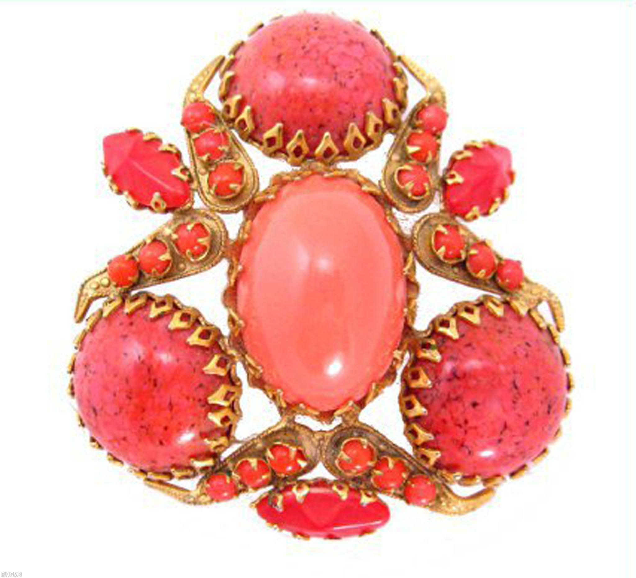 Schreiner triangle radial pin 3 large round cab 6 leaf shaped metal with varied size chaton embedded large oval cab center 3 navette matrix coral large round cab large oval coral cab goldtone jewelry