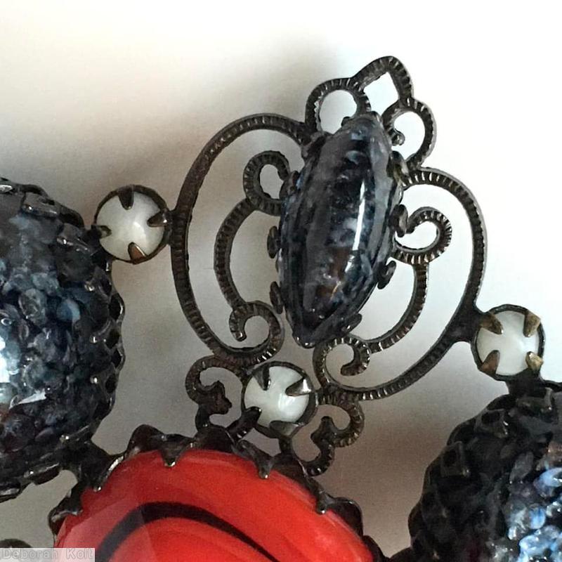 Schreiner triangle top down 1 dangle pin 3 large chaton large oval center filigree jet red faux pearl japanned jewelry