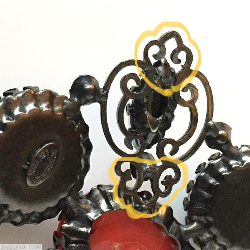 Schreiner triangle top down 1 dangle pin 3 large chaton large oval center filigree jet red faux pearl japanned jewelry