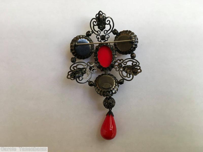 Schreiner triangle top down 1 dangle pin 3 large chaton large oval center filigree jet red faux pearl japanned jewelry