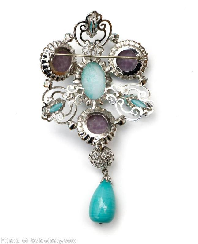Schreiner triangle top down 1 dangle pin 3 large chaton large oval center filigree marbled aqua bead dangle marbled aqua large oval art glass speckled purple chaton moonglow aqua jewelry
