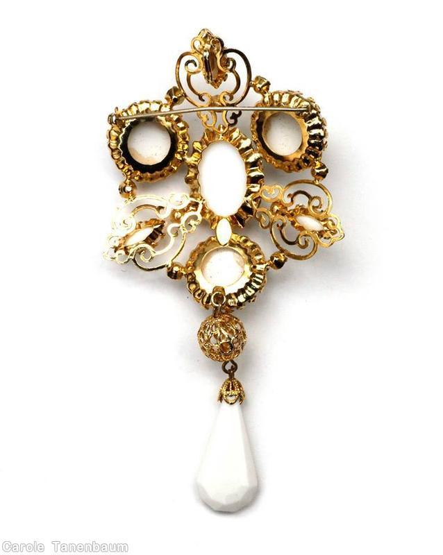 Schreiner triangle top down 1 dangle pin 3 large chaton large oval center filigree white goldtone large faceted teardrop dangle jewelry