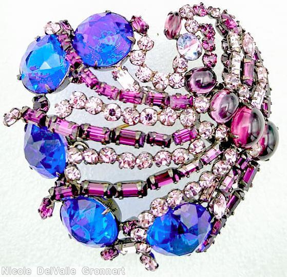 Schreiner waterfall pin 5 large faceted round stone 4 varied size oval cab 5 baguette branch blue faceted large round stone purple pale purple jewelry