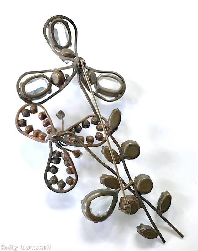 Schreiner wired petal 2 branch 3 flower bunch pin 3 large crystal faceted oval stone topaz seeds small inverted stone olivine crystal faceted teardrop jewelry