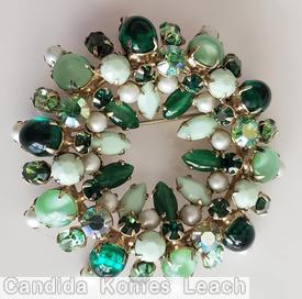 Schreiner wreath pin moonglow green dark green white opaque green ab jewelry