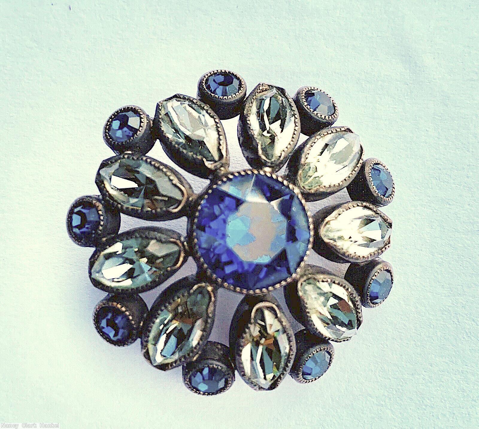 Schreiner radial domed 2 rounds round button large chaton center 9 navette surrounding 9 small chaton blue chaton crystal navette jewelry