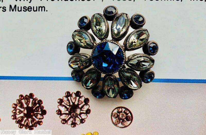 Schreiner radial domed 2 rounds round button large chaton center 9 navette surrounding 9 small chaton blue chaton crystal navette jewelry