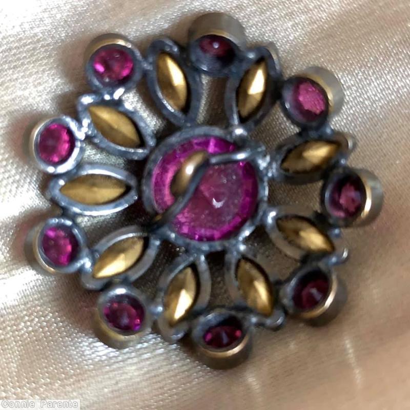 Schreiner radial domed 2 rounds round button large chaton center 9 navette surrounding 9 small chaton fuchia chaton crystal navette jewelry