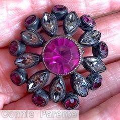 Schreiner radial domed 2 rounds round button large chaton center 9 navette surrounding 9 small chaton fuchia chaton crystal navette jewelry