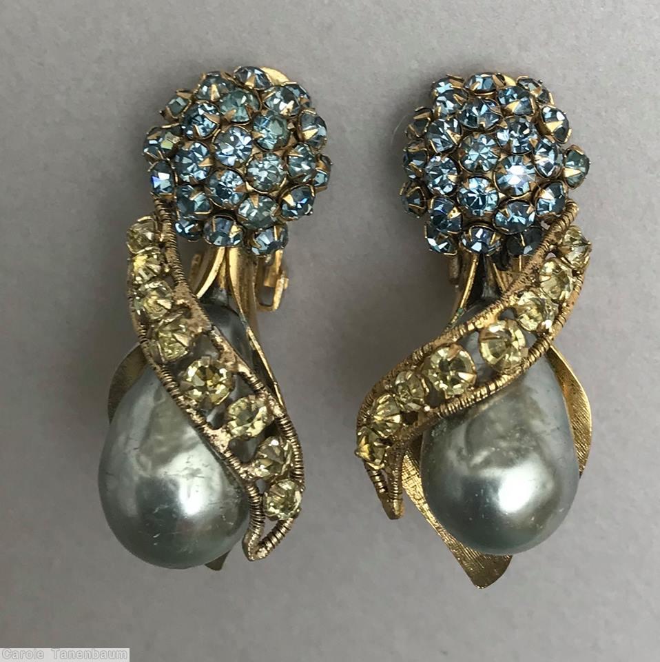 Schreiner 1 clustered ball 1 large faux pearl 1 wired ribbon metal leaf back deco silver large faux pearl clear champgne inverted stone ice blue goldtone jewelry
