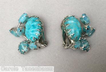 Schreiner 1 large oval cab 1 branch 3 navette 1 large chaton aqua large moon rock stone moonglow aqua silvertone jewelry