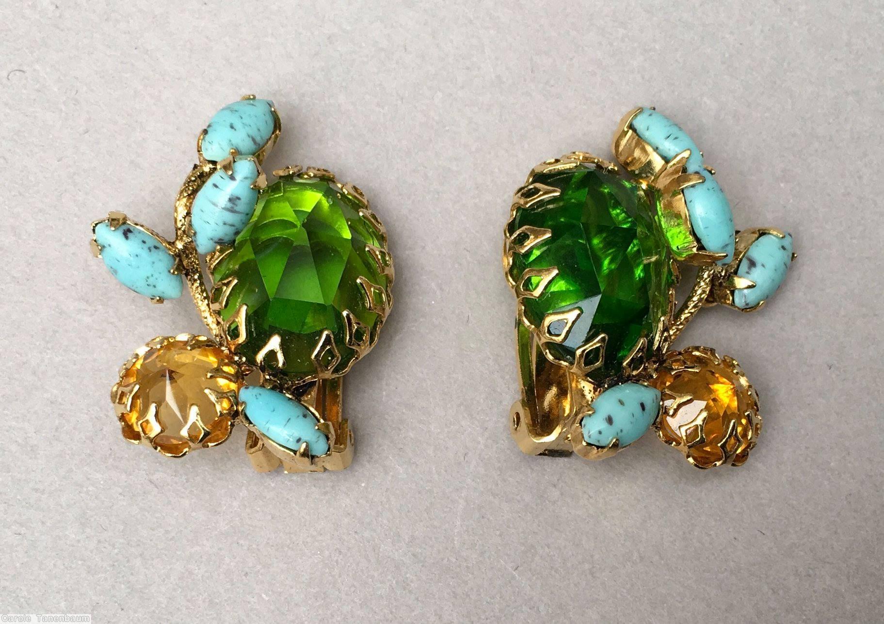 Schreiner 1 large oval cab 1 branch 3 navette 1 large chaton green large oval cab turquoise clear amber goldtone jewelry