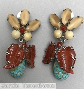 Schreiner 2 carved leaf top down dangling earring 3 navette 2 chaton top 2 leaf 1 bubble bottom dark red carved leaf moonglow ivory navette turquoise teardrop silvertone jewelry