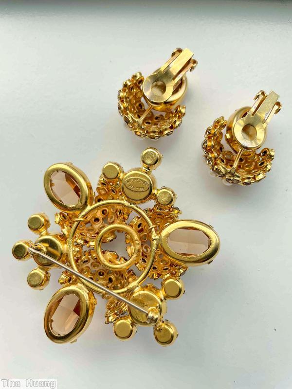 Schreiner 2 level large oval cab bottom half clustered ball top topaz large faceted oval stone smoky chaton faux pearl faceted inverted clear champagne goldtone jewelry
