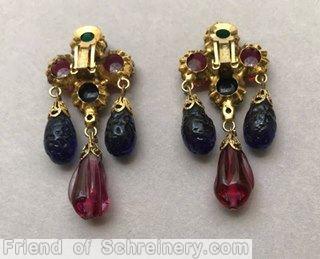 Schreiner 3 dangling teardrop 4 radial chaton art glass teardrop ruby jet dark green jewelry