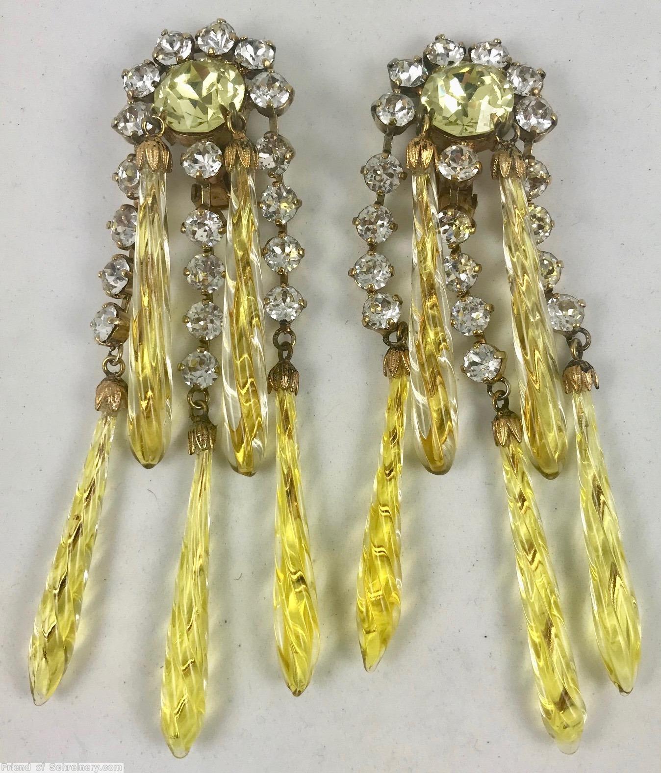 Schreiner 3 long tassel 2 dangling earring 5 long teardrop art glass large chaton top lime twisted long teardrop art glass crystal small chaton large ice yellow faceted chaton goldtone jewelry