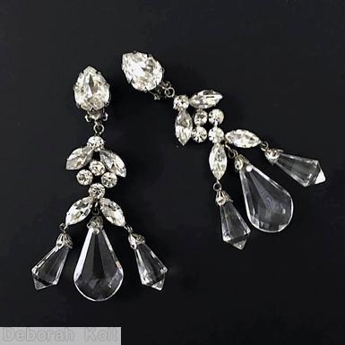 Schreiner 3 part 3 large faceted crystal dangle earring top 1 large chaton middle 4 navette 5 small chaton crystal silvertone jewelry