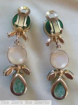 Schreiner 3 part dangling earring teardrop bottom 2 navette chaton middle chaton top 2 navette 2 large chaton 4 small navette emerald moonglow white faceted chaton green speckled teardrop emerald jewelry