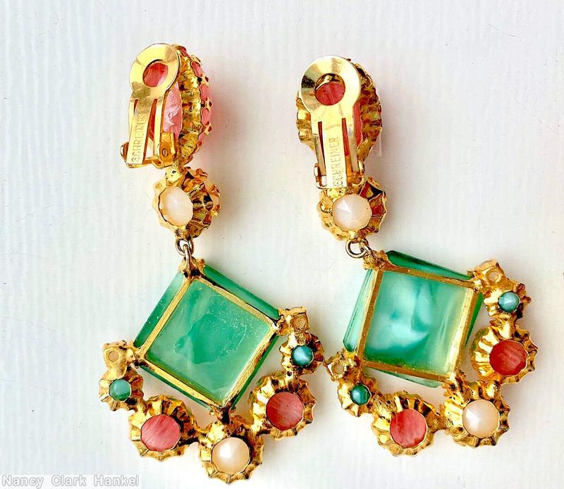 Schreiner 3 part large greek key square stone dangle earring large oval cab top chaton middle jade greek key square stone moonglow white chaton marbled pink goldtone jewelry