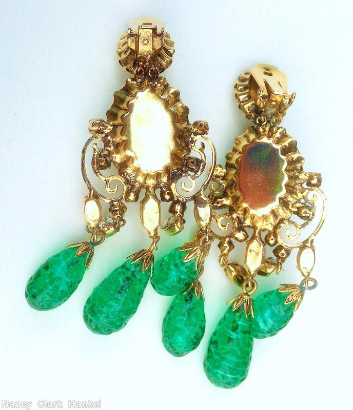 Schreiner 3 part scrollwork dangling earring bottom 3 large teardrop bubble dangle 2 navette dangle large oval cab middle large chaton top faux pearl seeds marbled emerald large oval cab faux pearl crystal navette marbled emerald teardrop goldtone jewelry